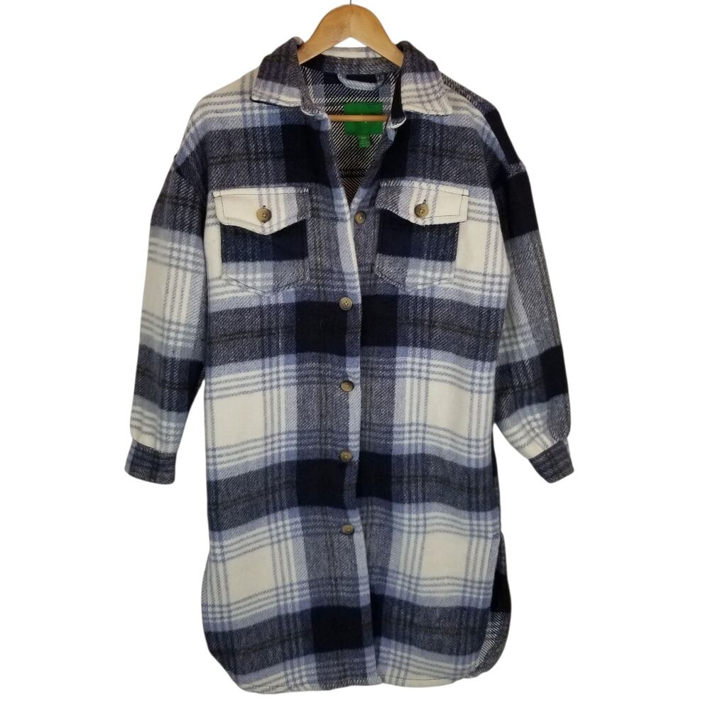 dip Women's Long Plaid Shacket Jacket Coat Oversized Blue White Size XS